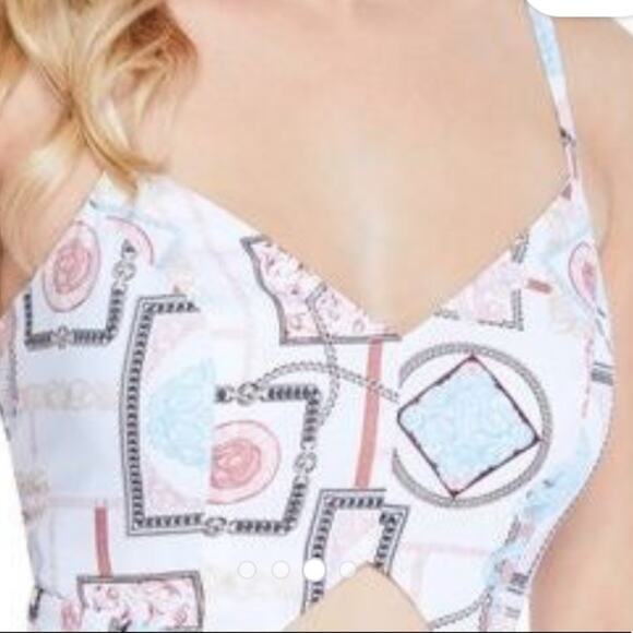 Guess Soliana Printed Wide Leg Jumpsuit Size Large Sweetheart Neck Peep Hole - Picture 6 of 16